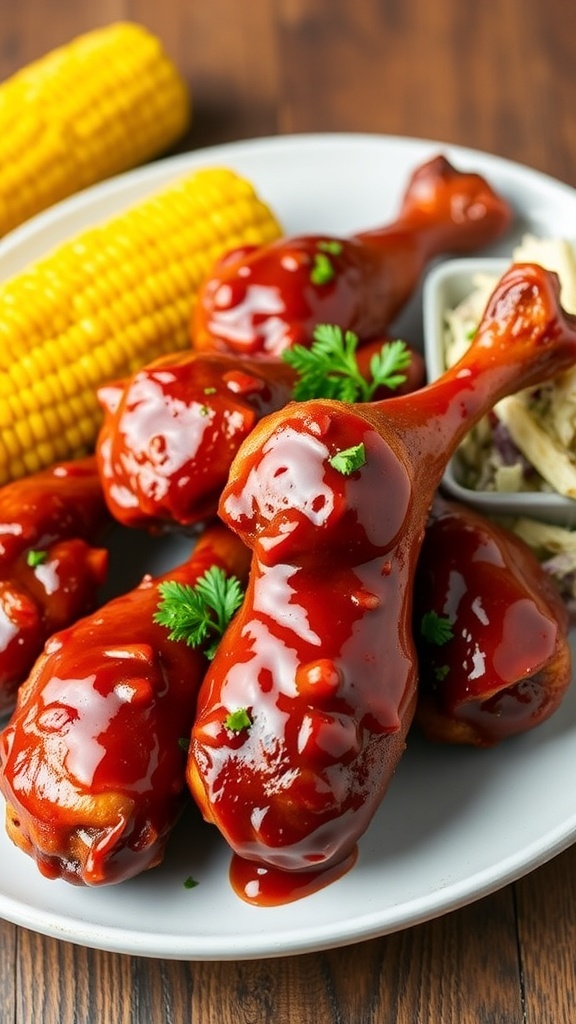 Oven-baked BBQ chicken drumsticks on a plate with coleslaw and corn, garnished with parsley.